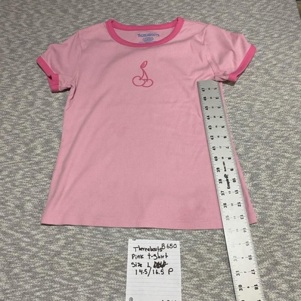 Thereabouts pink t-shirt with cherry graphic, teen size L (14.5/16.5). SKU-B650 - Picture 2 of 8